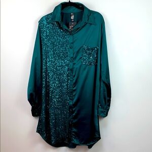 Emerald Green Button-Up Shirt Dress with Sequins